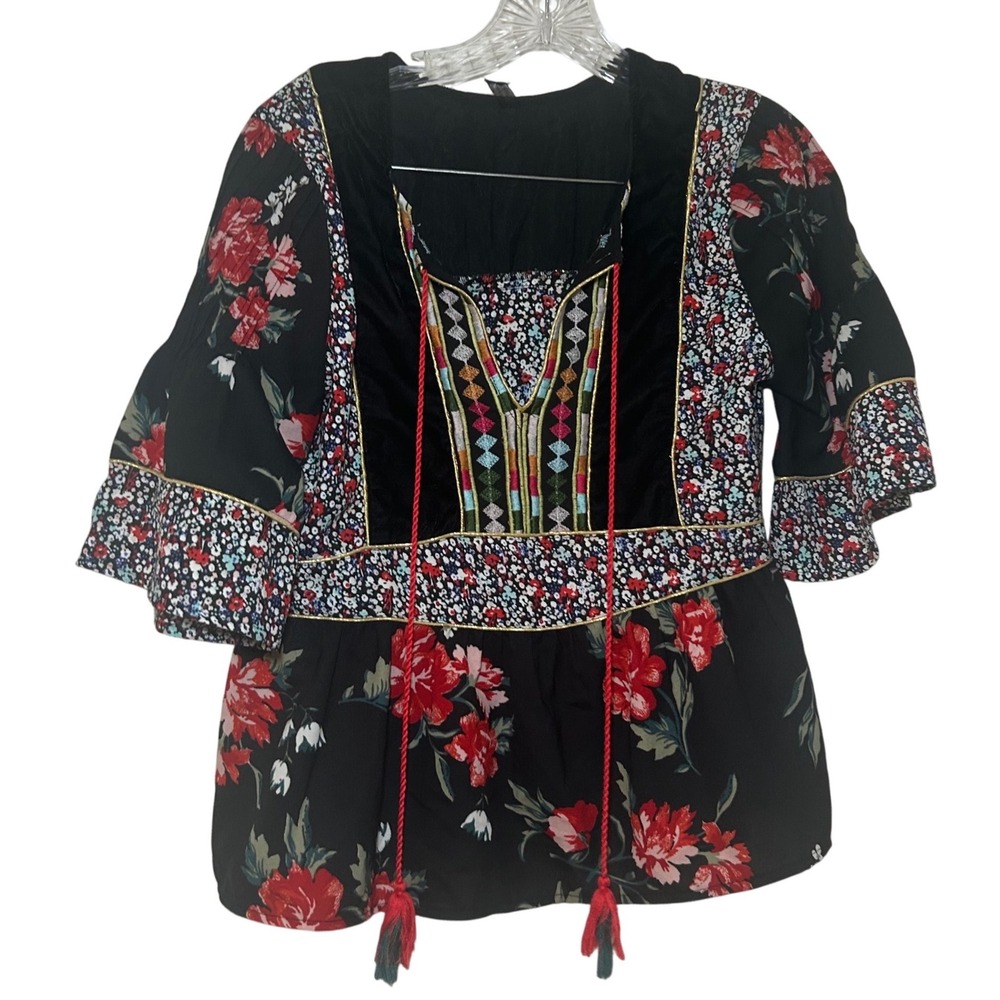 Banjara Women Small Black Floral Velvet Embroidered Tassel Peasant Top boho